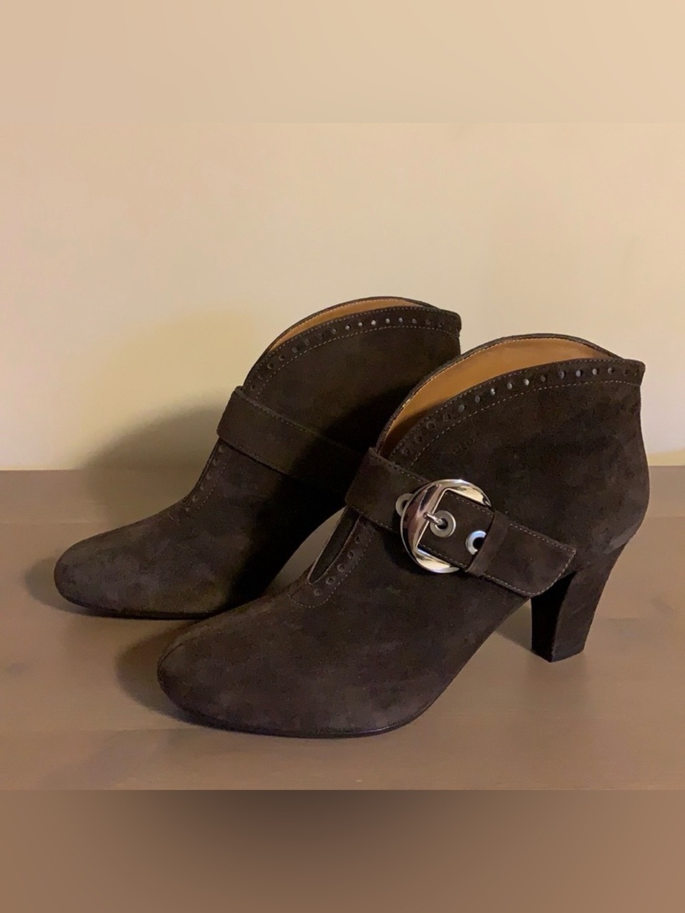 GEOX Women's Brown Suede Heeled Booties with Decorative Buckle